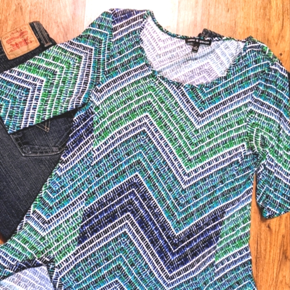 Cable & Gauge Tunic Swing Top Sz Sm Green Navy White Chevron Stripe Long Stretch